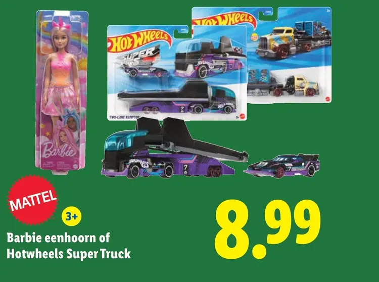 Aanbieding: Barbie eenhoorn of Hotwheels Super Truck