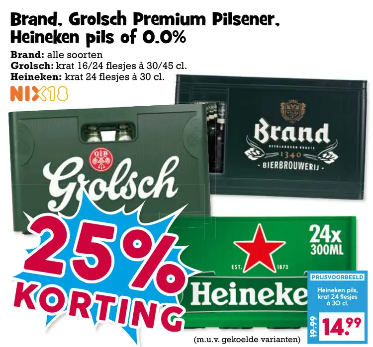 Aanbieding: Brand, Grolsch Premium Pilsener, Heineken pils of 0.0%