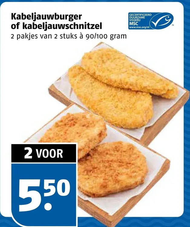 Aanbieding: Kabeljauwburger of kabeljauwschnitzel