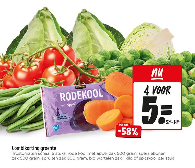 Aanbieding: Trostomaten, rode kool met appel, sperziebonen, spruiten, bio wortelen, spitskool