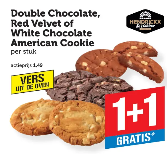 Aanbieding: Double Chocolate, Red Velvet of White Chocolate American Cookie
