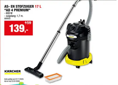 Promotie: Karcher AD4 Premium as- en stofzuiger 600W 17l