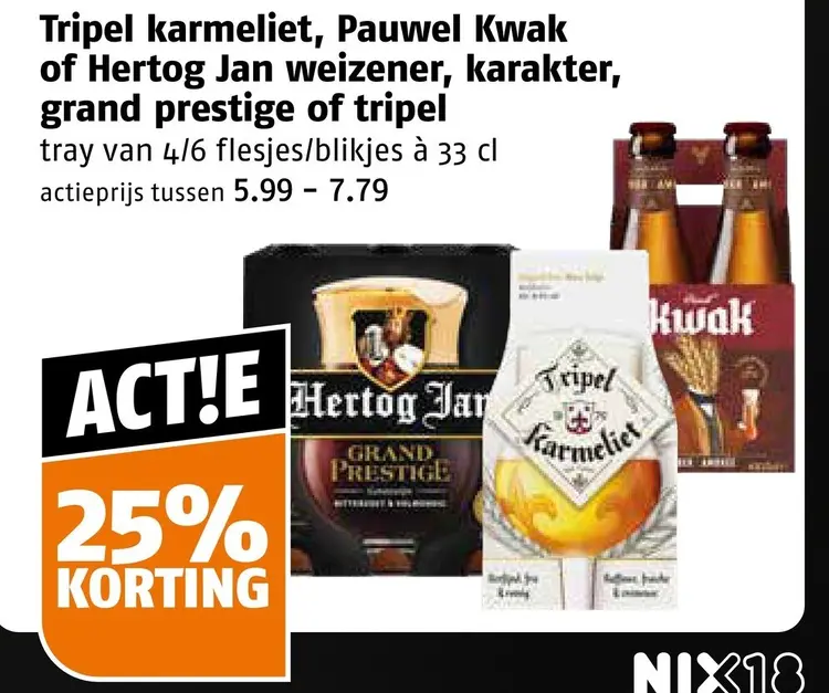 Aanbieding: Tripel karmeliet, Pauwel Kwak of Hertog Jan weizener, karakter, grand prestige of tripel