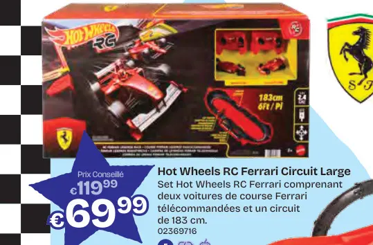 Offre: RC Ferrari Circuit Large Set Hot Wheels RC Ferrari comprenant deux voitures de course Ferrari télécommandées et un circuit de 183 cm