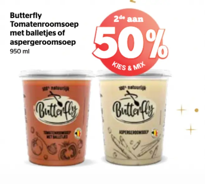 Promotie: Tomatenroomsoep met balletjes of aspergerooms