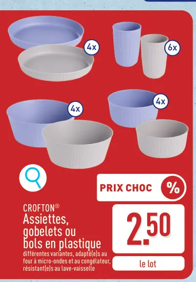 Offre: Assiettes, gobelets ou bols en plastique