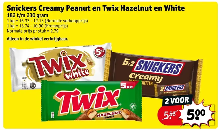 Promotie: Snickers Creamy Peanut en Twix Hazelnut en White