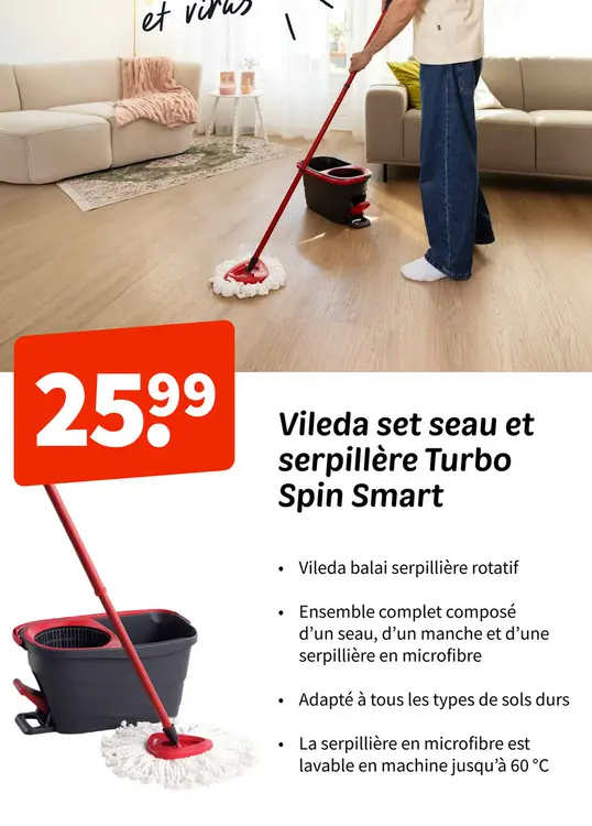 Offre: Vileda set seau et serpillère Turbo Spin Smart