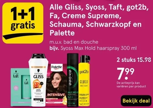 Aanbieding: Alle Gliss, Syoss, Taft, got2b, Fa, Creme Supreme, Schauma, Schwarzkopf en Palette