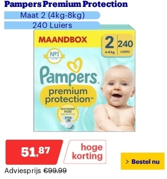 Aanbieding: Pampers Premium Protection - Maat 2 (4kg-8kg) - 240 Luiers - Maandbox