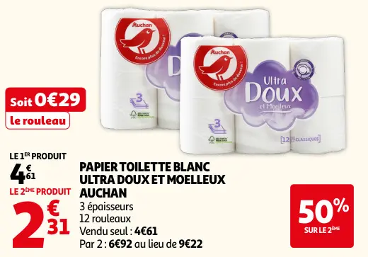 Offre: Papier toilette blanc ultra doux et moelleux