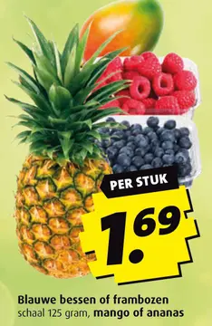 Aanbieding: Blauwe bessen of frambozen, mango of ananas