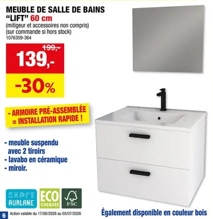 Offre: Aurlane Lift meuble salle de bain set 60cm avec vasque et miroir blanc