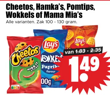 Aanbieding: Cheetos, Hamka's, Pomtips, Wokkels of Mama Mia's