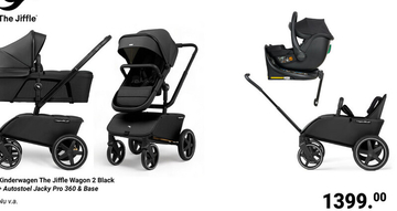 Aanbieding: Set |Kinderwagen The Jiffle Wagon 2 Black Incl. Autostoel Novi Baby Jacky Pro 360 All Black & Base + Voetenzak