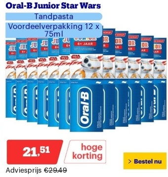 Aanbieding: Oral-B Junior Star Wars - Tandpasta - Voordeelverpakking 12 x 75ml - 6+ Jaar