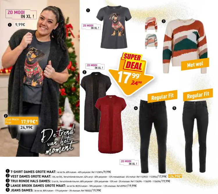 Aanbieding: T-shirt, vest, trui, lange broek of jeans dames grote maten