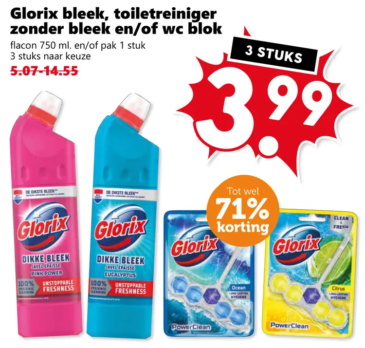 Aanbieding: Glorix bleek, toiletreiniger zonder bleek en/of wc blok