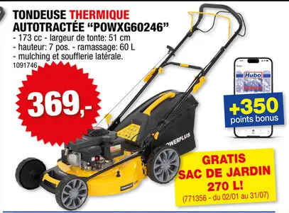Offre: Powerplus POWXG60246 tondeuse thermique autotractée 173cc 51cm