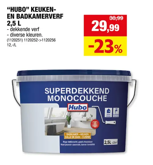 Promotie: Hubo Superdekkend badkamer- en keukenverf 2,5l wit
