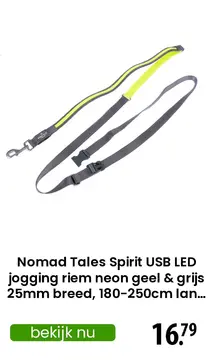 Aanbieding: Nomad Tales Spirit USB LED jogging riem neon geel & grijs 25mm breed, 180-250cm lang hond