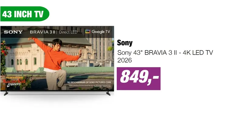 Aanbieding: Sony 43" BRAVIA 3 II - 4K LED TV 2026