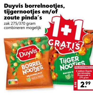 Aanbieding: Duyvis borrelnootjes, tijgernootjes en/of zoute pinda's