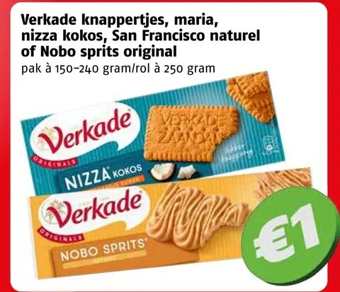 Aanbieding: Verkade knappertjes, maria, nizza kokos, San Francisco naturel of Nobo sprits original
