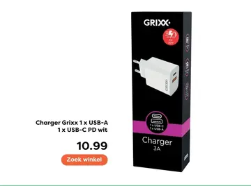 Aanbieding: Charger Grixx 1 x USB-A 1 x USB-C PD wit