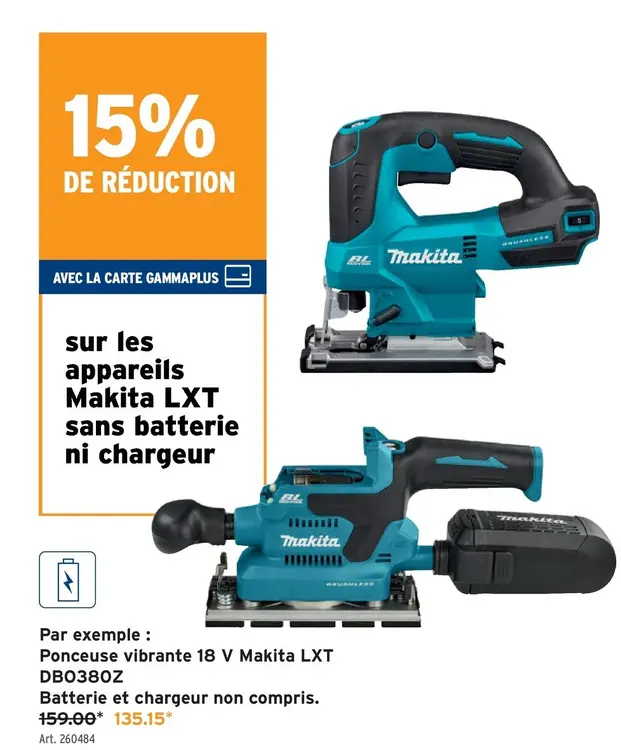 Offre: Ponceuse vibrante 18 V Makita LXT DB0380Z