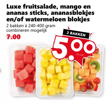 Aanbieding: Luxe fruitsalade, mango en ananas sticks, ananasblokjes en/of watermeloen blokjes