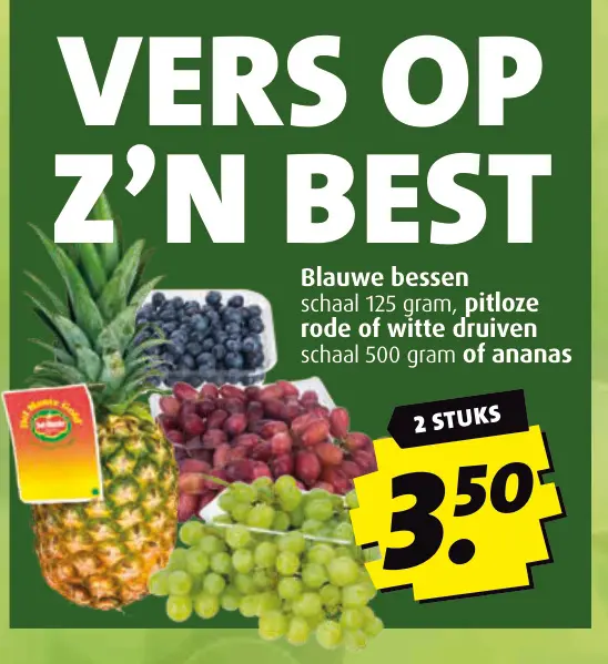 Aanbieding: Blauwe bessen, pitloze rode of witte druiven of ananas