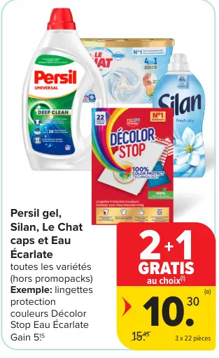 Offre: Persil gel, Silan, Le Chat caps et Eau Écarlate