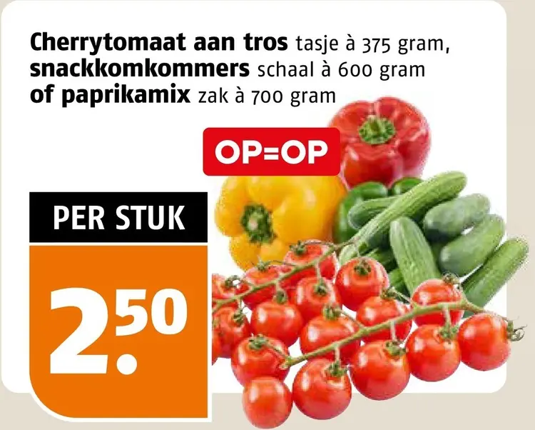 Aanbieding: Cherrytomaat aan tros, snackkomkommers of paprikamix