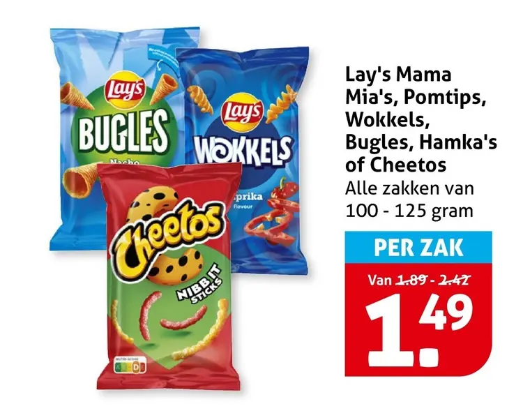 Aanbieding: Lay's Mama Mia's, Pomtips, Wokkels, Bugles, H