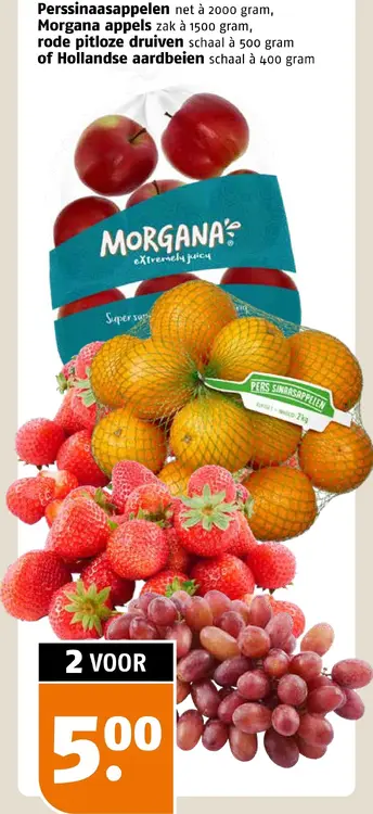 Aanbieding: Morgana Perssinaasappelen, Morgana appels, rode pitloze druiven of Hollandse aardbeien