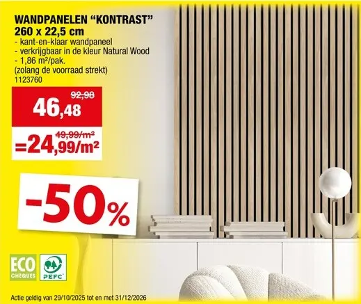 Promotie: Kontrast wandpaneel 1,86m² Natural Wood