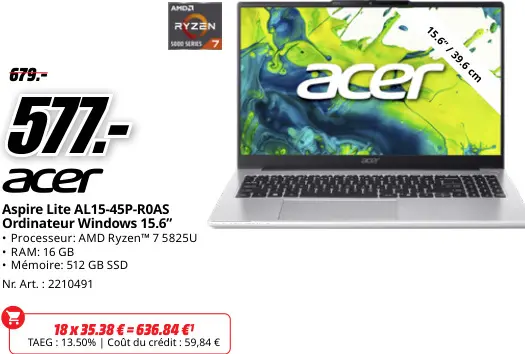 Offre: Aspire Lite AL15-45P-R0AS Ordinateur Windows 15.6"