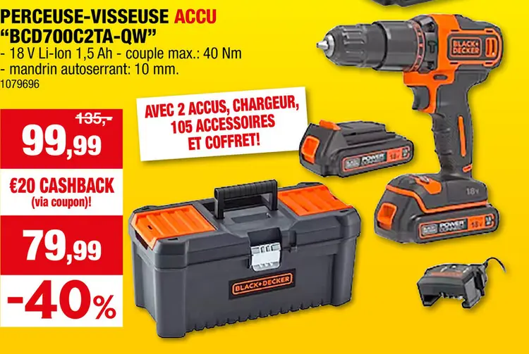 Offre: Black+Decker BCD700C2TA-QW perceuse-visseuse à  percussion sans fil 2x18 V Li-Ion + 2 batteries + chargeur + 105 accessoires