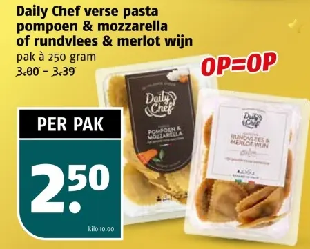 Aanbieding: verse pasta pompoen & mozzarella of rundvlees