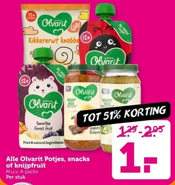 Aanbieding: Alle Olvarit Potjes, snacks of knijpfruit