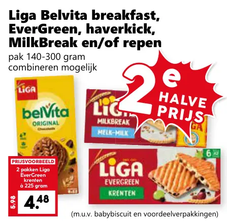 Aanbieding: Liga Belvita breakfast, EverGreen, haverkick, MilkBreak en/of repen
