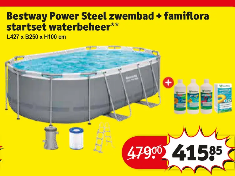 Aanbieding: Power Steel zwembad + famiflora startset waterbeheer