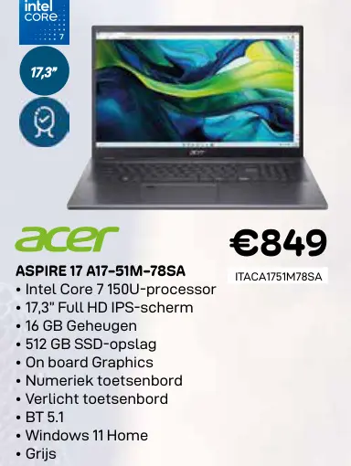 Promotie: Aspire 17 a17-51m-78sa