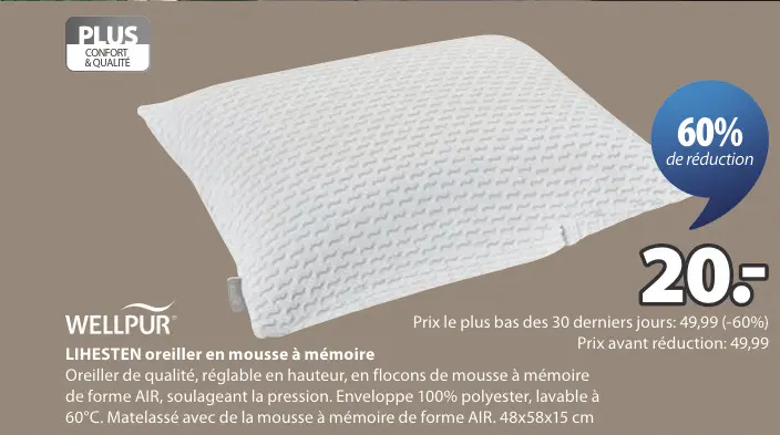 Offre: LIHESTEN oreiller en mousse à mémoire