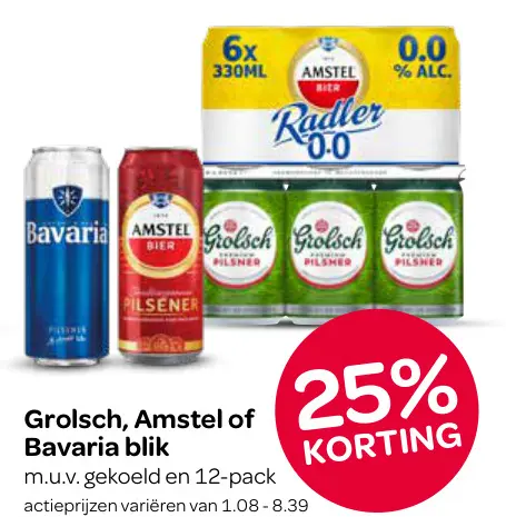 Aanbieding: Grolsch, Amstel of Bavaria blik