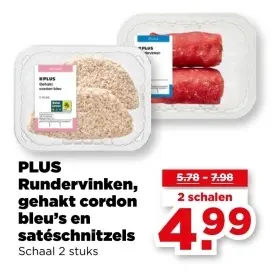 Aanbieding: PLUS Rundervinken, gehakt cordon bleu's en satéschnitzels