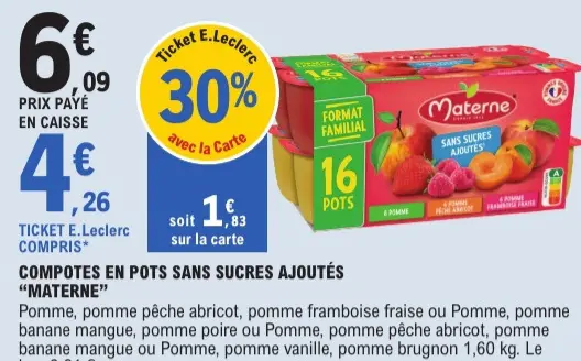 Offre: Compotes en pots sans sucres ajoutés