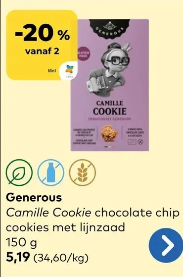 Promotie: Camille Cookie chocolate chip cookies met lijnzaad