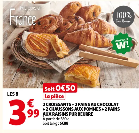 Promotie: Croissants, pains au chocolat, chaussons aux pommes + 2 pains aux raisins pur beurre